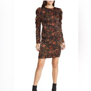Long Sleeve Satin Minidress In Black- Rust Floral